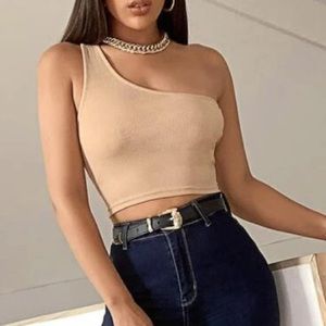 Tan one shoulder crop top